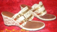 Image for Lace & Metallic Gold Pair of Vintage ca 1940s-1960s Ladies Platform Wedge Slide Open Front & Back Shoes <b><span style='color:red'> *****PRIORITY MAIL SHIPPING INCLUDED – DOMESTIC ORDERS ONLY!***** </span></b><span style='color:purple'>